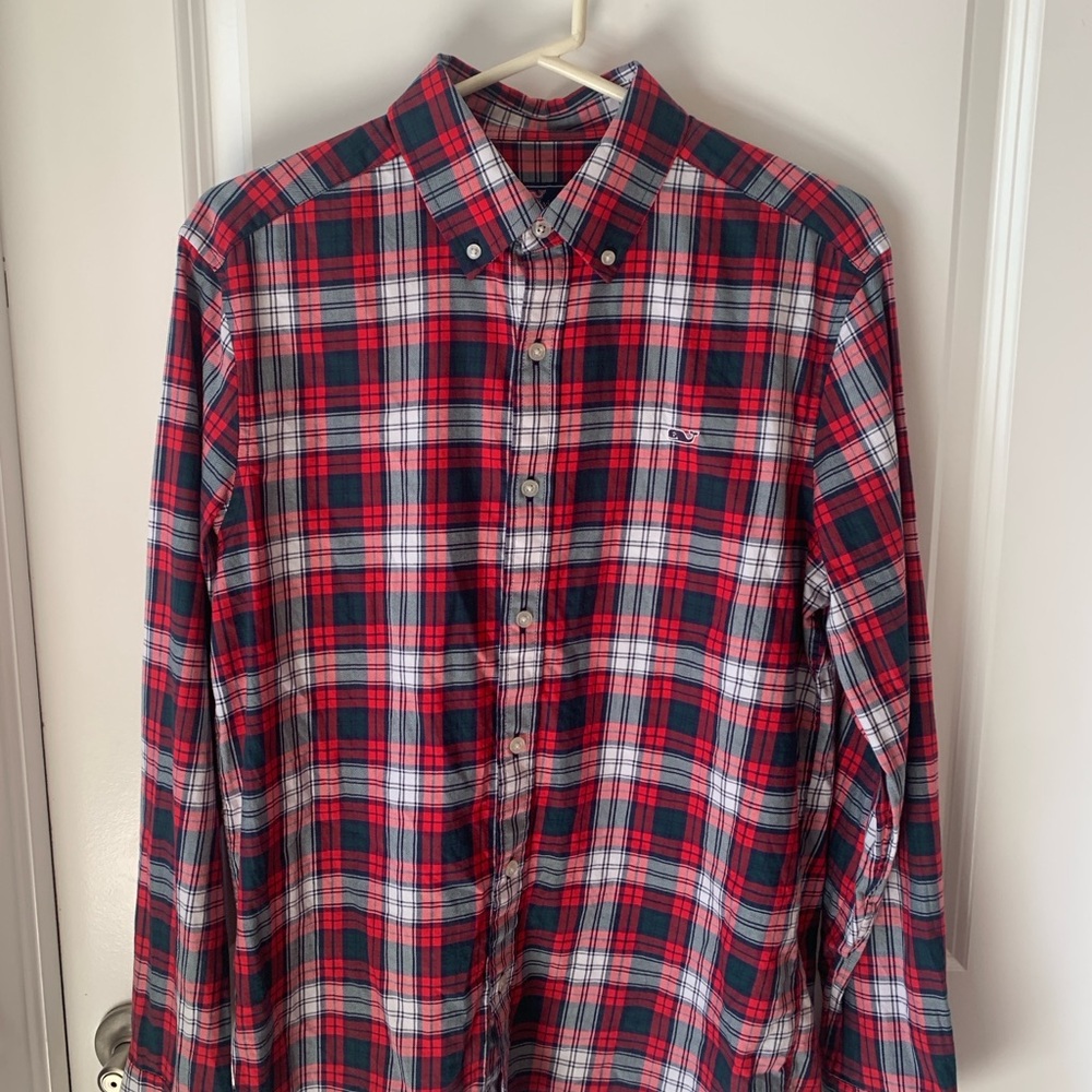 Vineyard Vines Red and Green Plaid Men's Cotton Twill Shirt